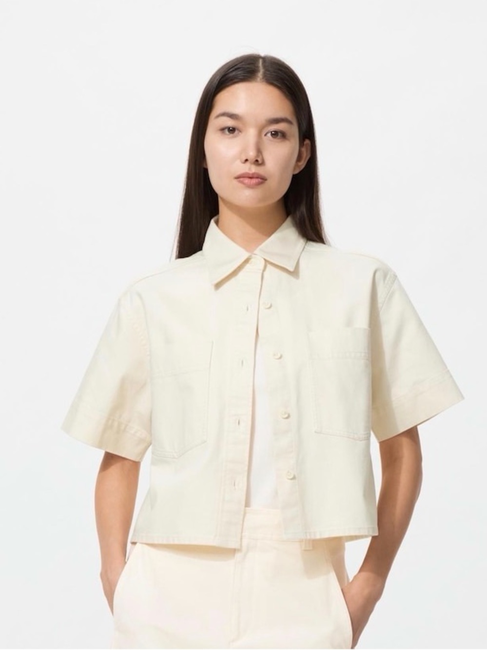 Uniqlo Cream Demin Short-Sleeve Boxy Button-Down Shirt - Women